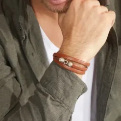 Bikergold Armbänder-Lederarmband Dreifach Skull Cognac - BG8009