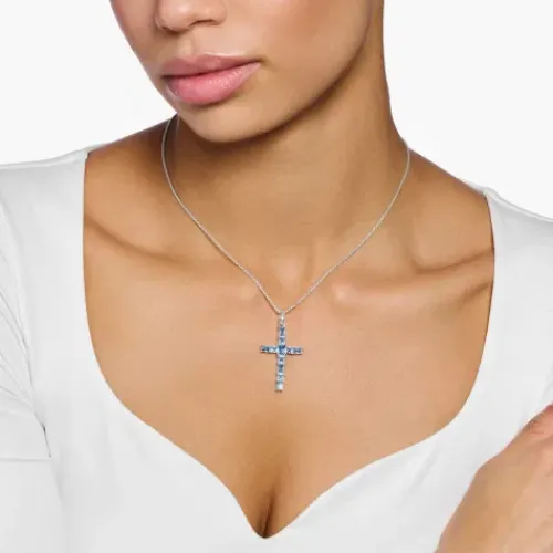 Thomas Sabo (Kette mit) Kreuz-Anhänger Kreuz mit Aqua Steinen Silber - PE939-009-1