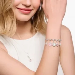 Thomas Sabo (Kette mit) Herz-Charm-Anhänger Pinkes Kleeblatt mit Weissen Steinen Silber - 2022-041-9