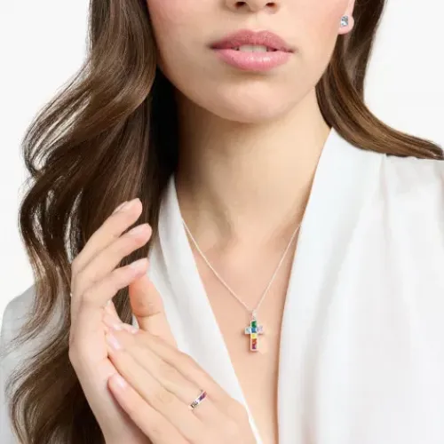 Thomas Sabo (Kette mit) Kreuz-Halskette Kreuz mit Bunten Steinen Silber - KE2166-477-7-L45V