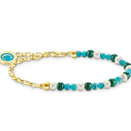 Thomas Sabo Armbänder-Member Charm Armband mit Weissen Perlen Malachit und Charmista Coin Vergoldet - A2130-140-7